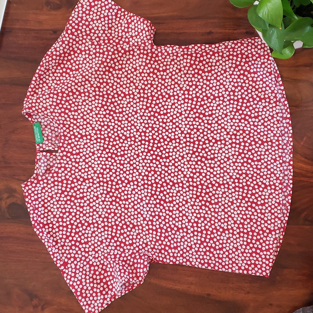 Vintage United Colors of Benetton Red White Polka Dot Blouse Relaxed M L - Picture 4 of 10